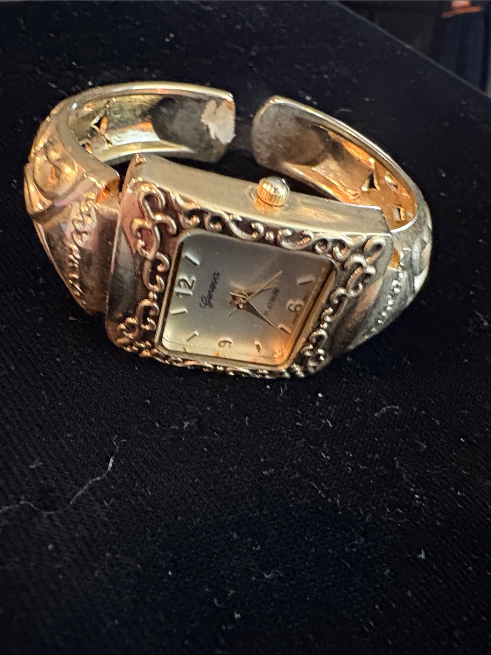 Geneva Gold Cuff Bracelet Watch with Floral Filigree new batteries